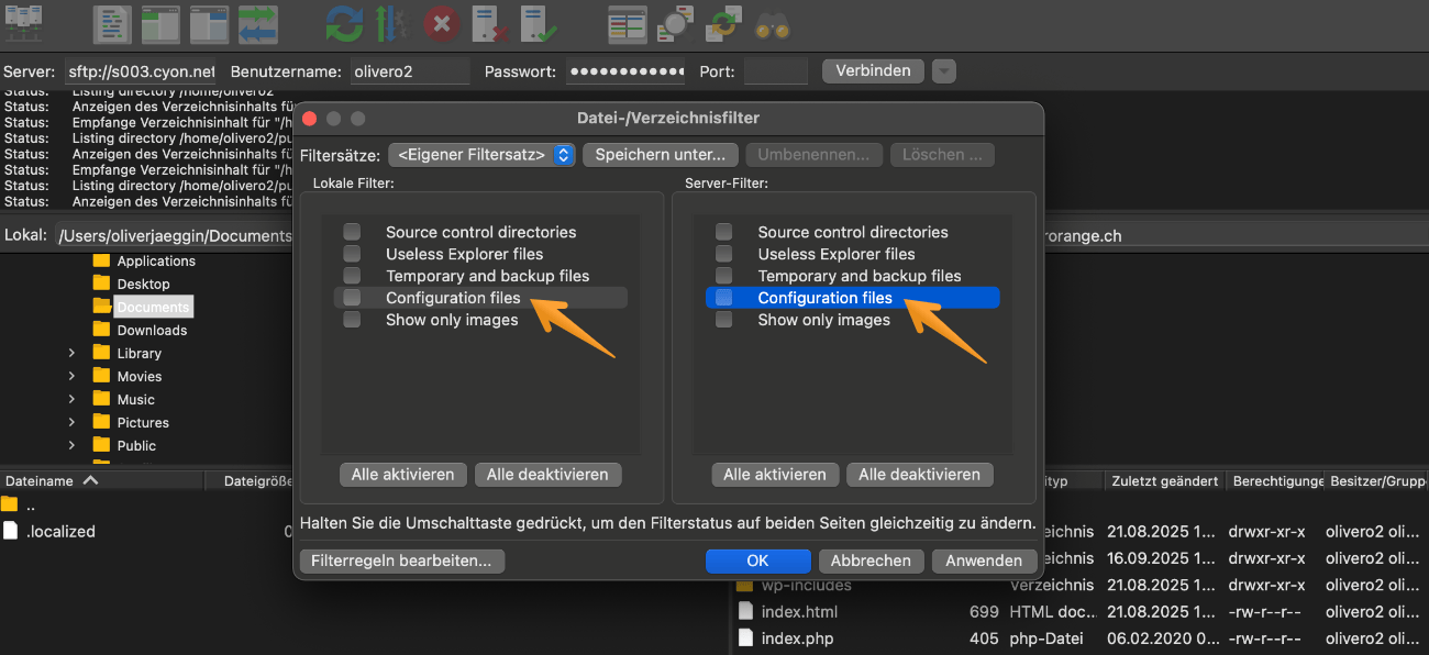 Menü «Datei-/Verzeichnisfilter...» im FileZilla