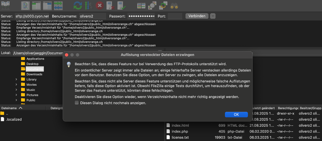 Bestätigung zur Option «Auflistung versteckter Dateien erzwingen» im FileZilla