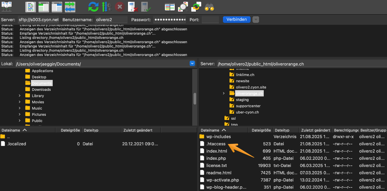 .htaccess-Datei wird im FileZilla dargestellt