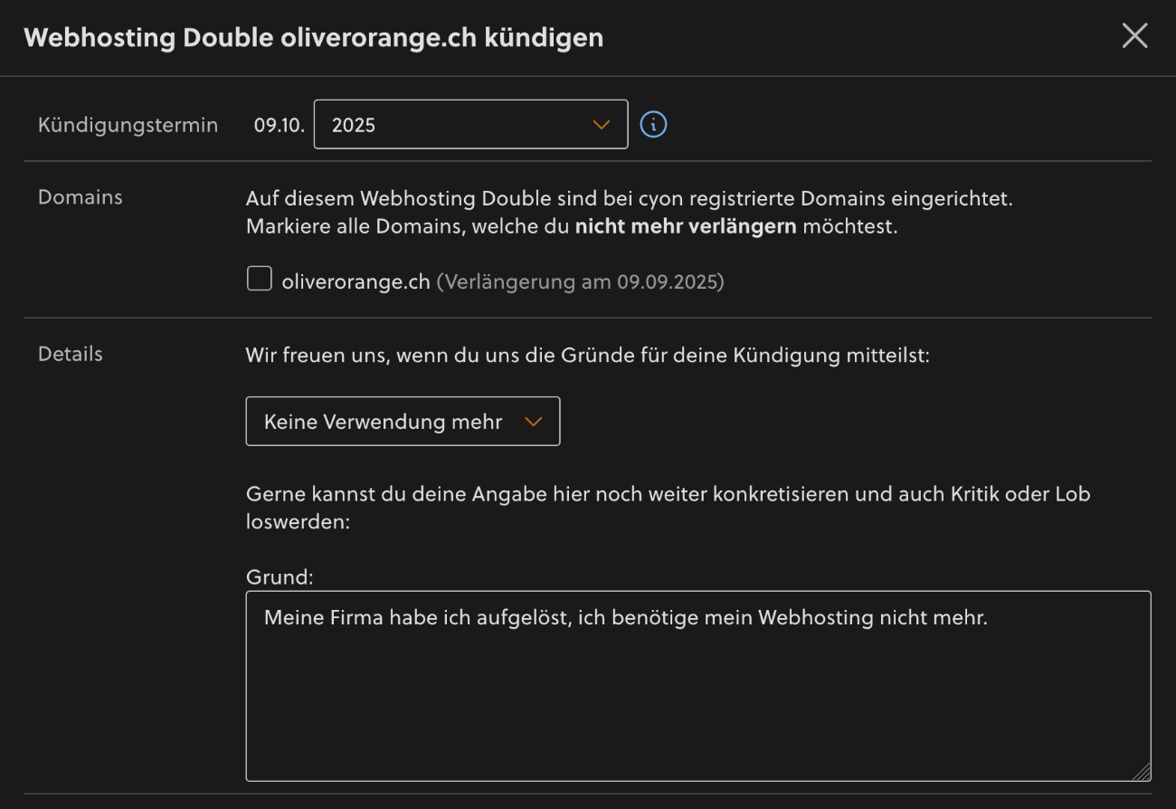 Optionen bei Kündigung «Webhosting/Sitebuilder»