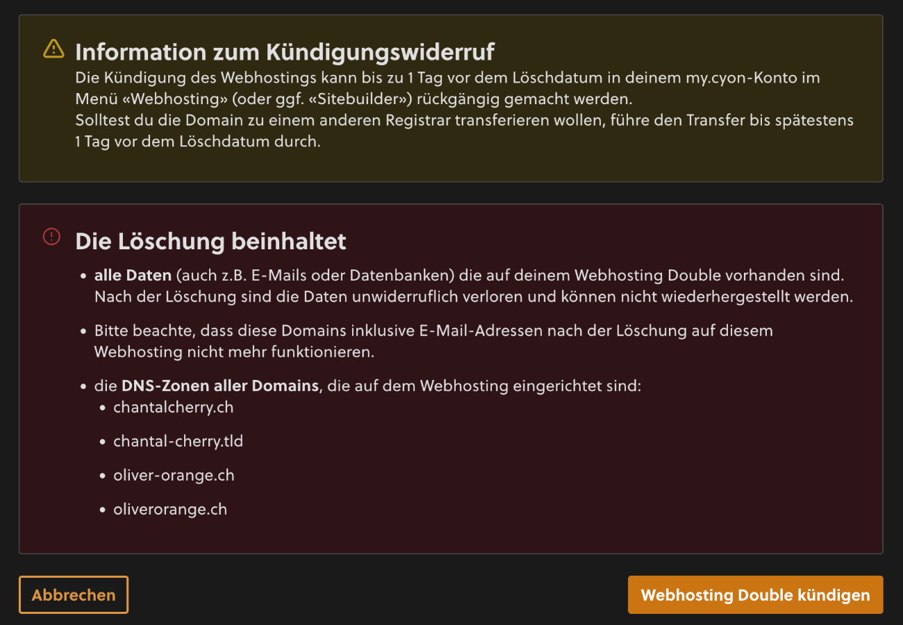 Hinweis bei Kündigung «Webhosting/Sitebuilder»