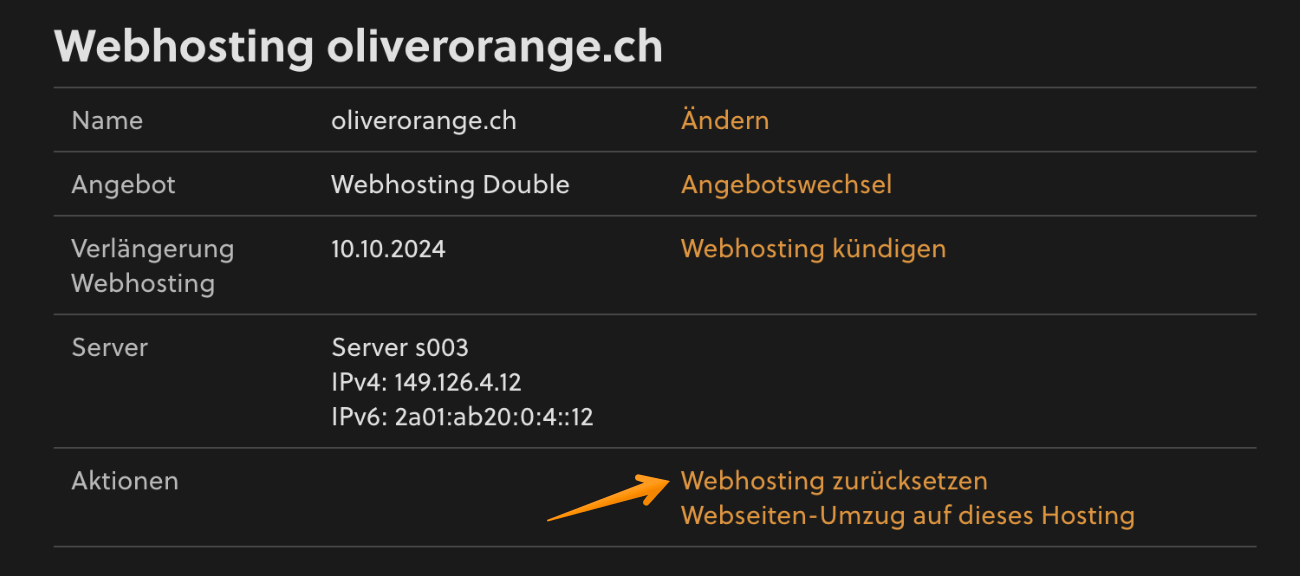 Aktion «Webhosting zurücksetzen»