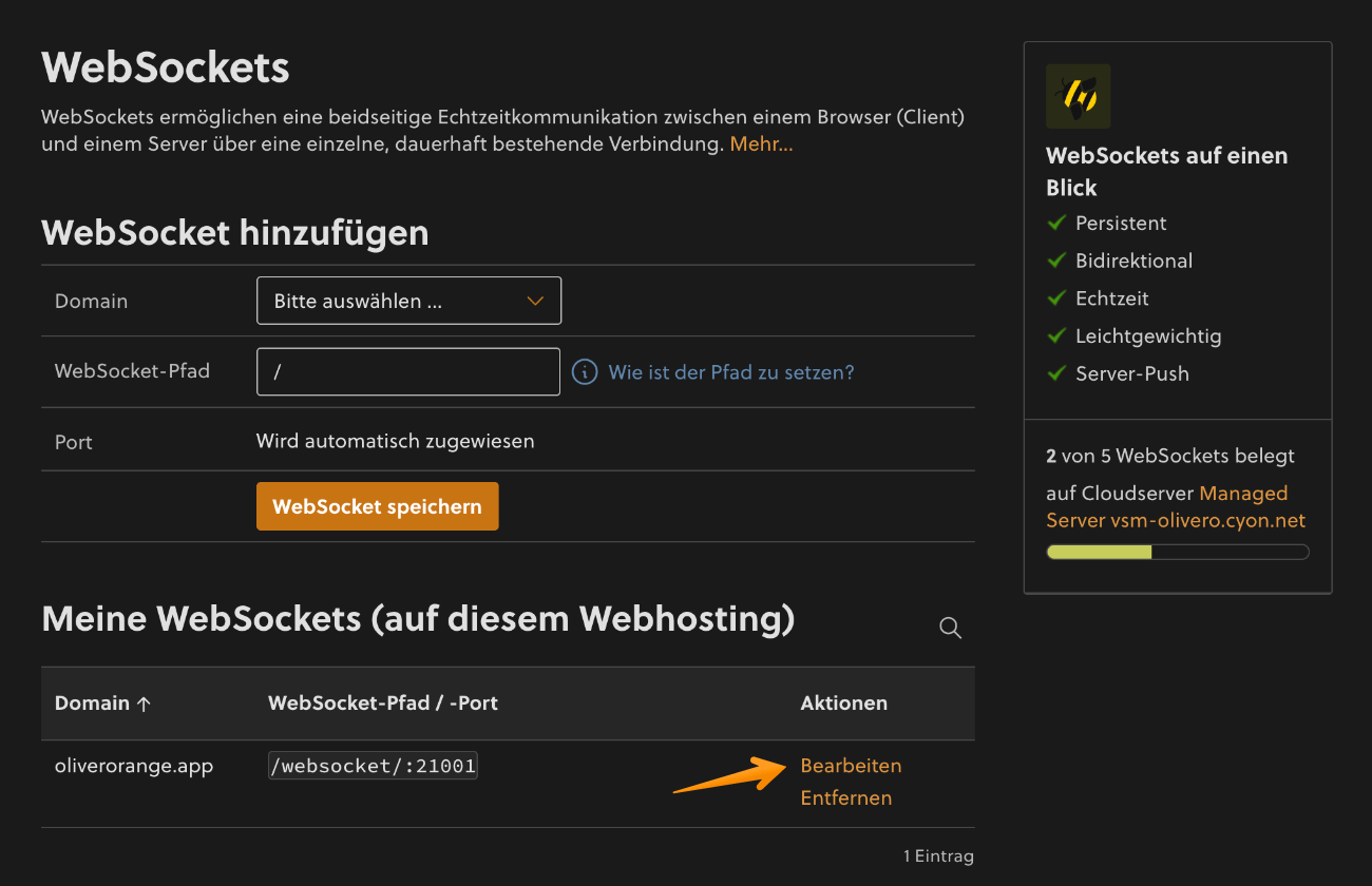 WebSockets bearbeiten oder entfernen