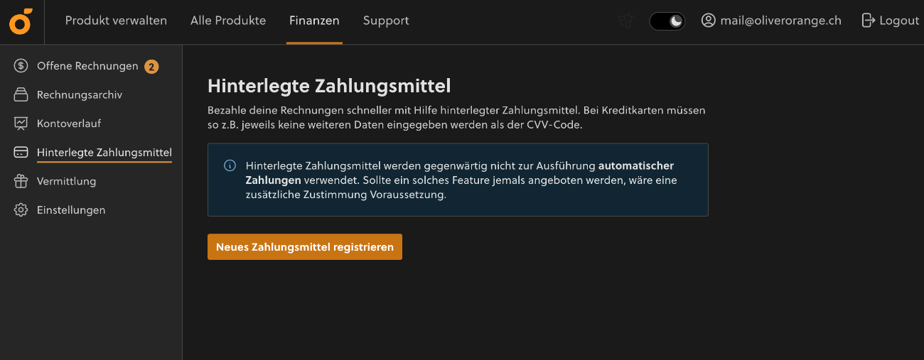 Seite «Hinterlegte Zahlungsmittel» im my.cyon