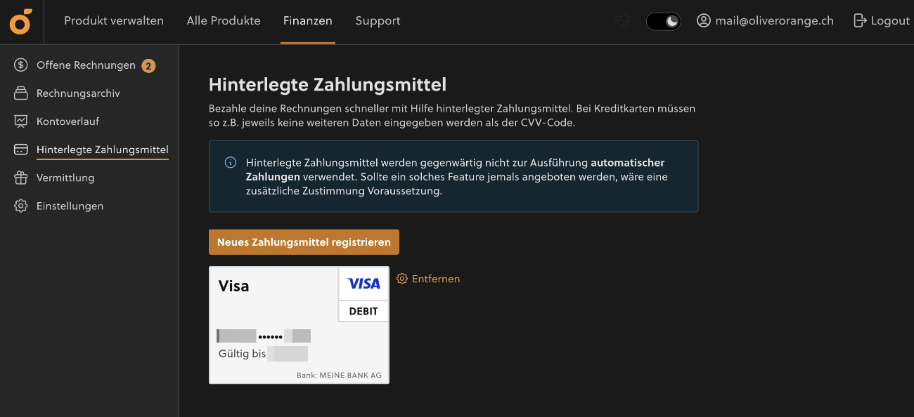 Auflistung von hinterlegten Zahlungsmitteln