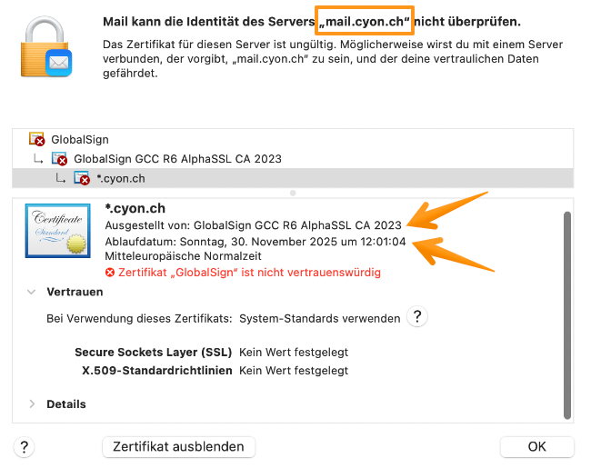 Zertifikat manuell überprüfen im Apple Mail