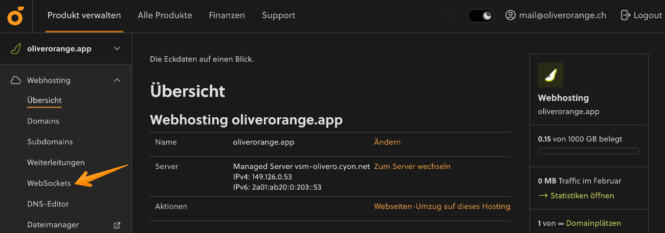 Menü «WebSockets» im my.cyon