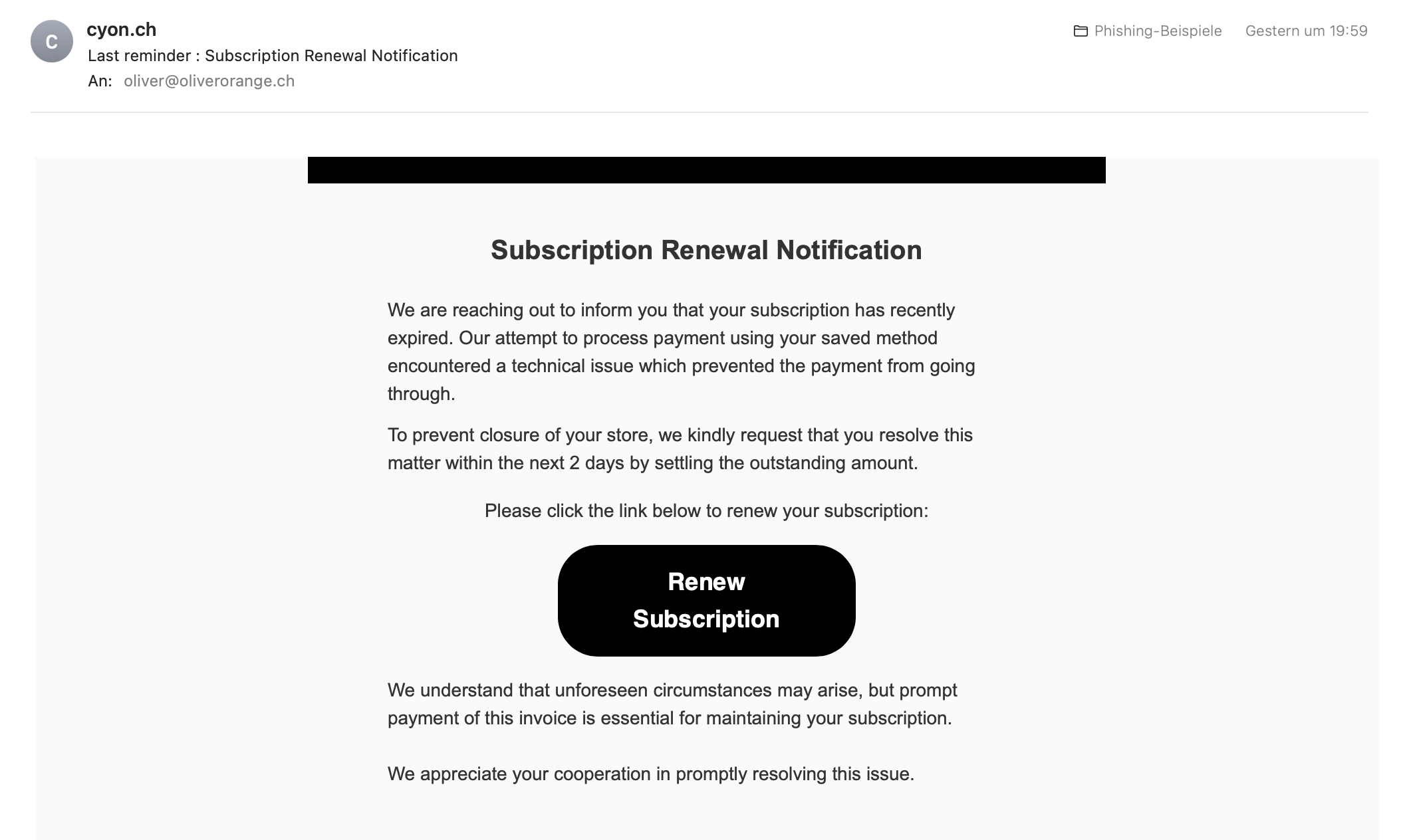 Beispiel der oben beschriebenen Phishing-E-Mail