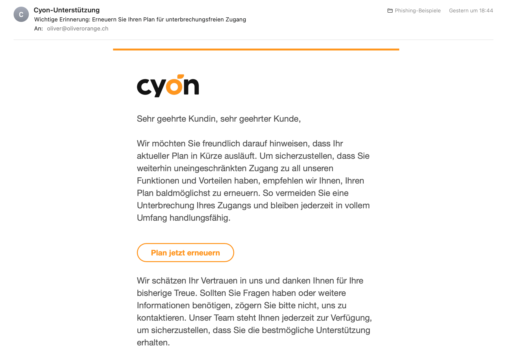 Beispiel der oben beschriebenen Phishing-E-Mail