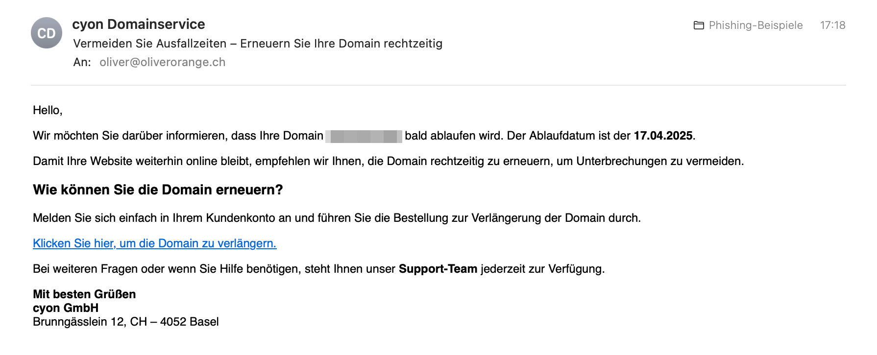 Beispiel der oben beschriebenen Phishing-E-Mail