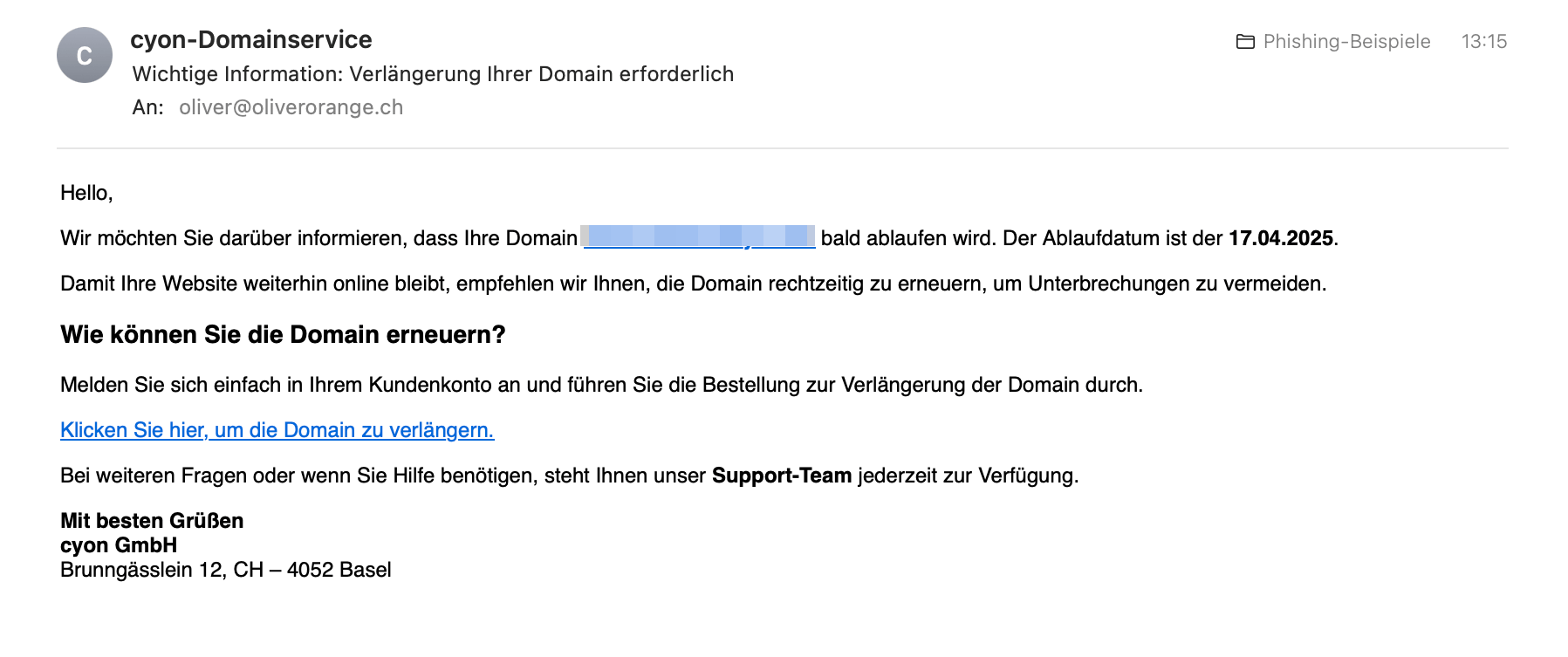 Beispiel der oben beschriebenen Phishing-E-Mail