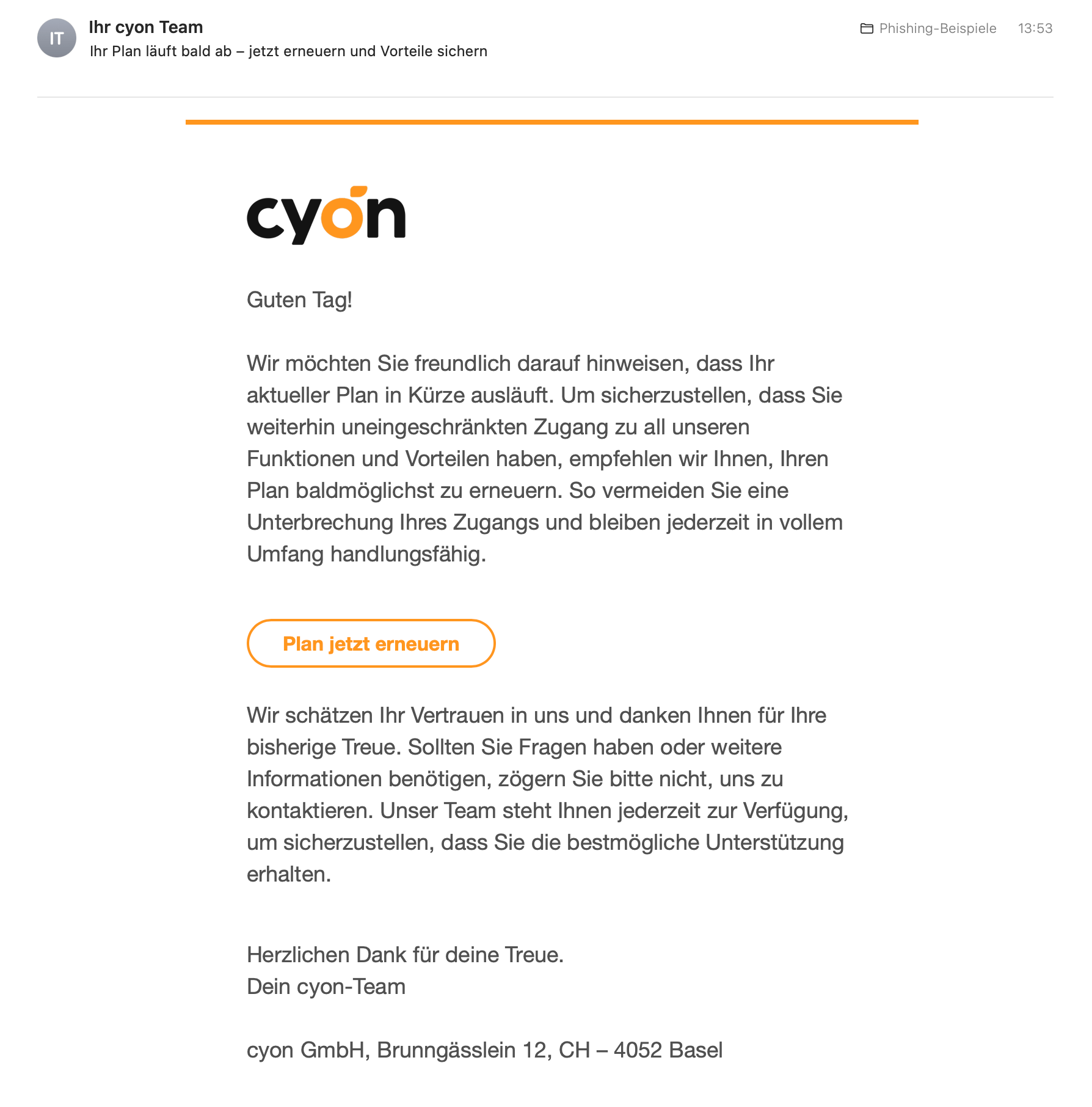 Beispiel der oben beschriebenen Phishing-E-Mail
