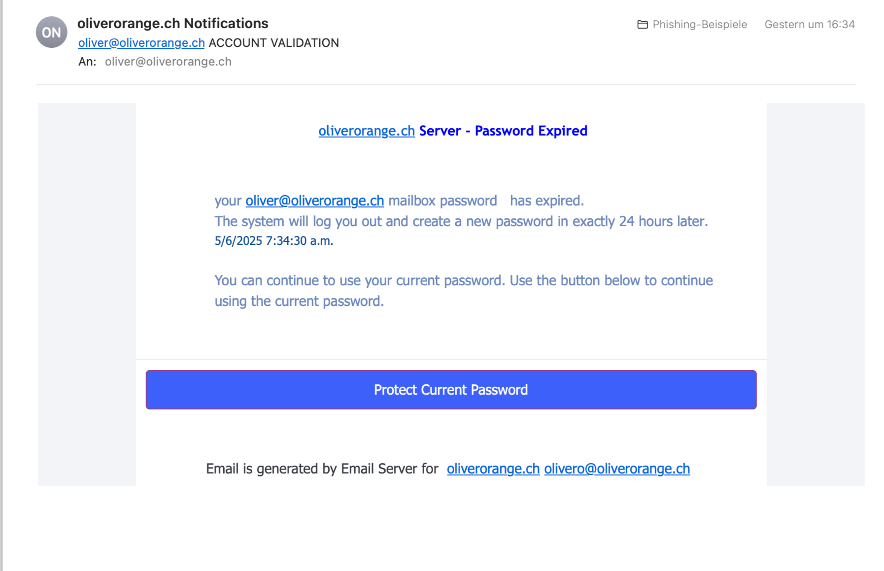 Beispiel der oben beschriebenen Phishing-E-Mail