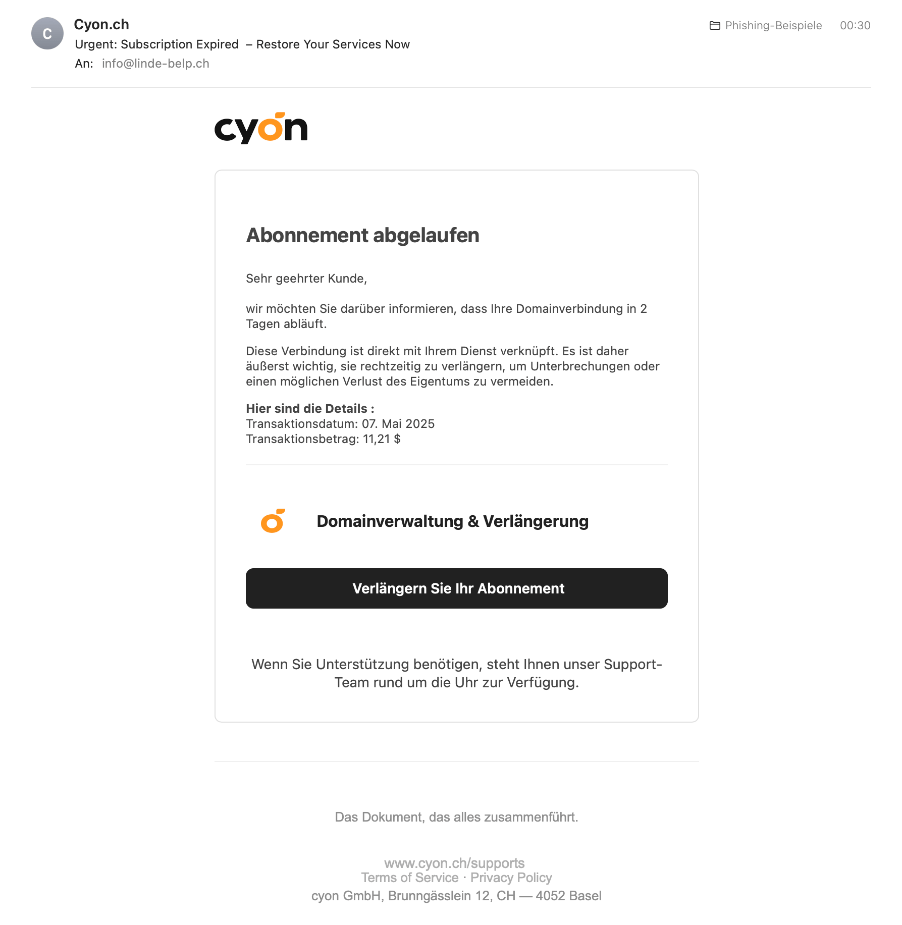 Beispiel der oben beschriebenen Phishing-E-Mail