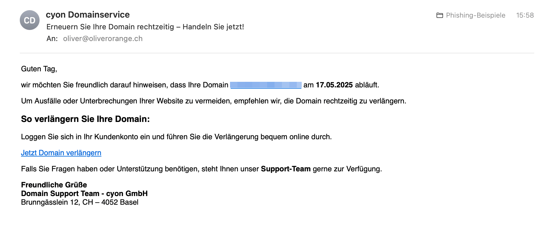 Beispiel der oben beschriebenen Phishing-E-Mail