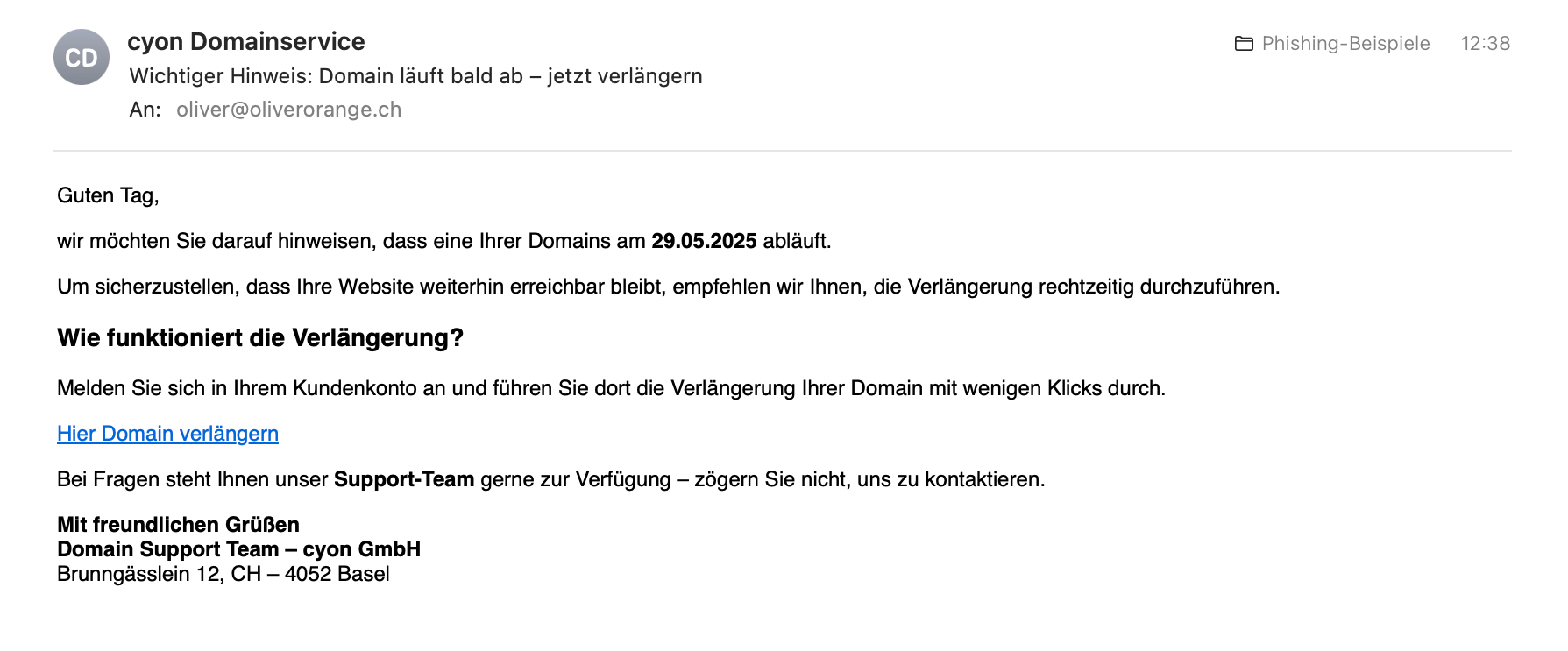 Beispiel der oben beschriebenen Phishing-E-Mail