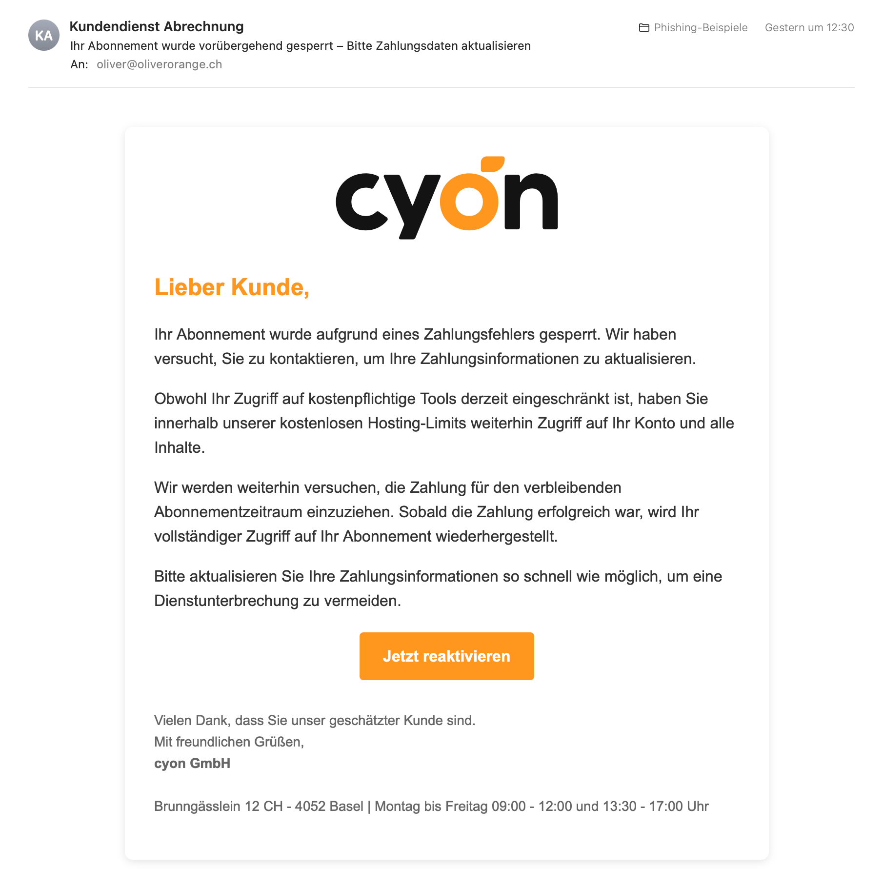 Beispiel der oben beschriebenen Phishing-E-Mail