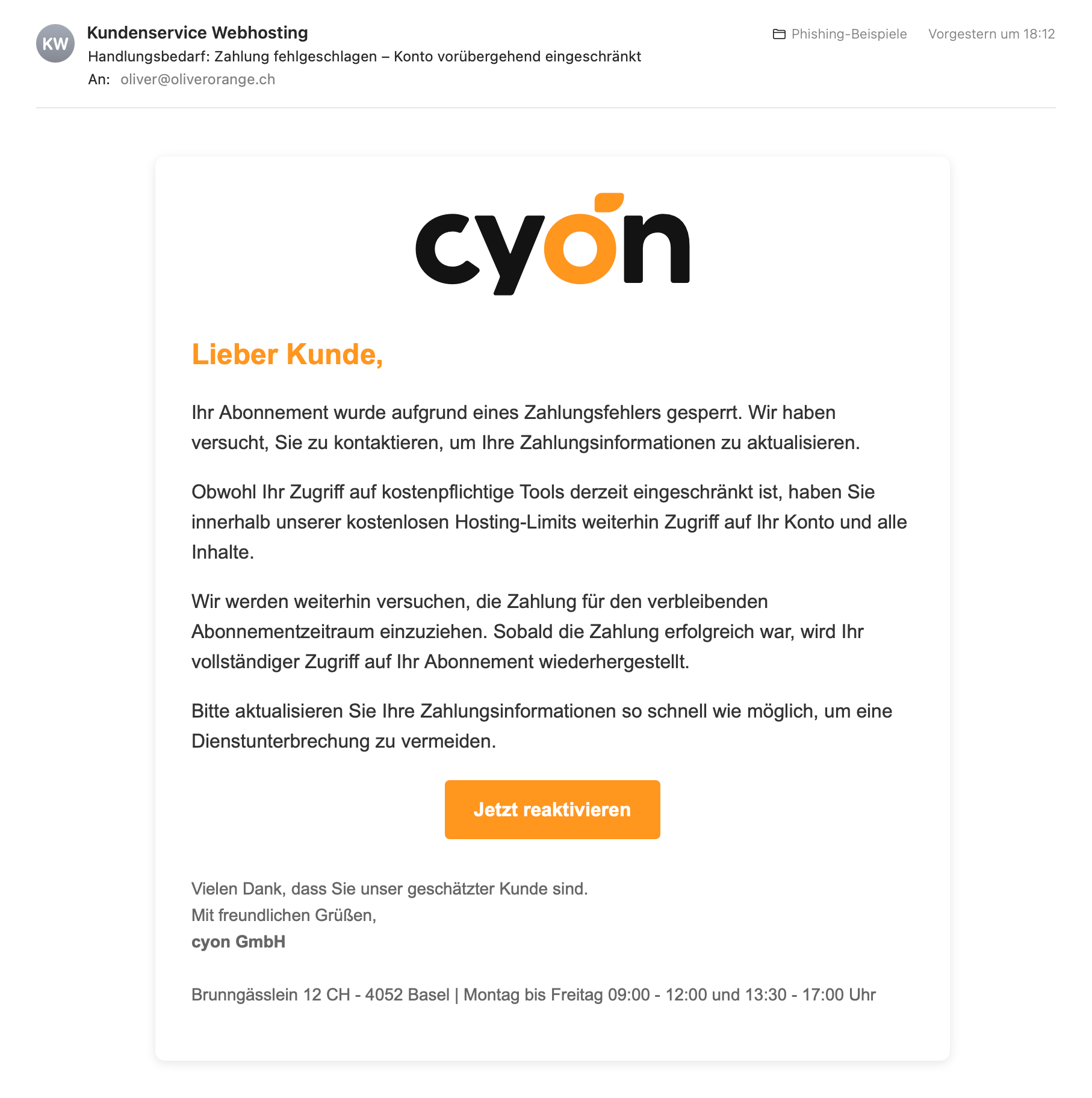 Beispiel der oben beschriebenen Phishing-E-Mail