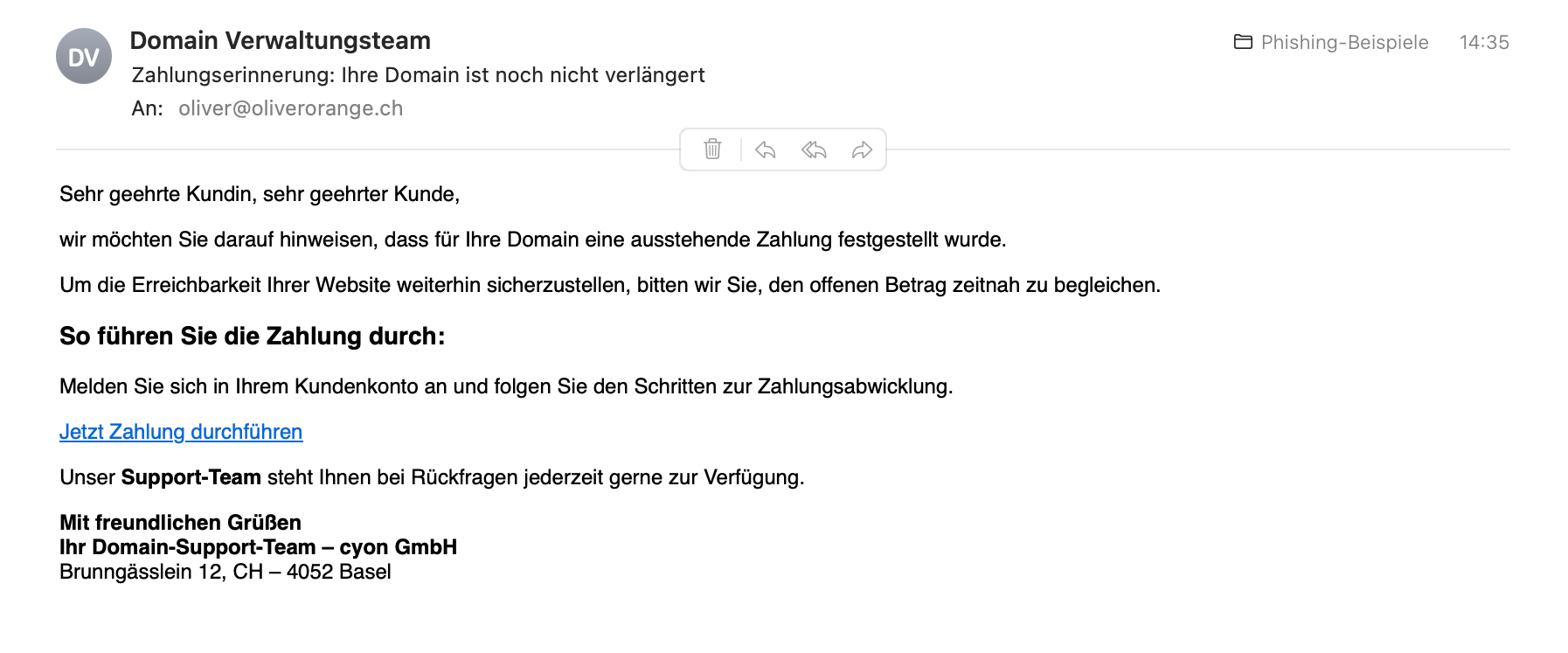 Beispiel der oben beschriebenen Phishing-E-Mail