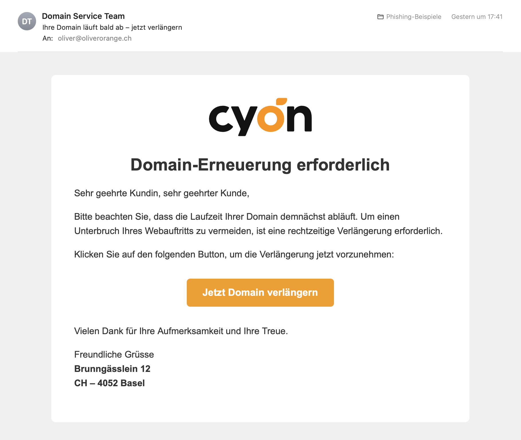 Beispiel der oben beschriebenen Phishing-E-Mail