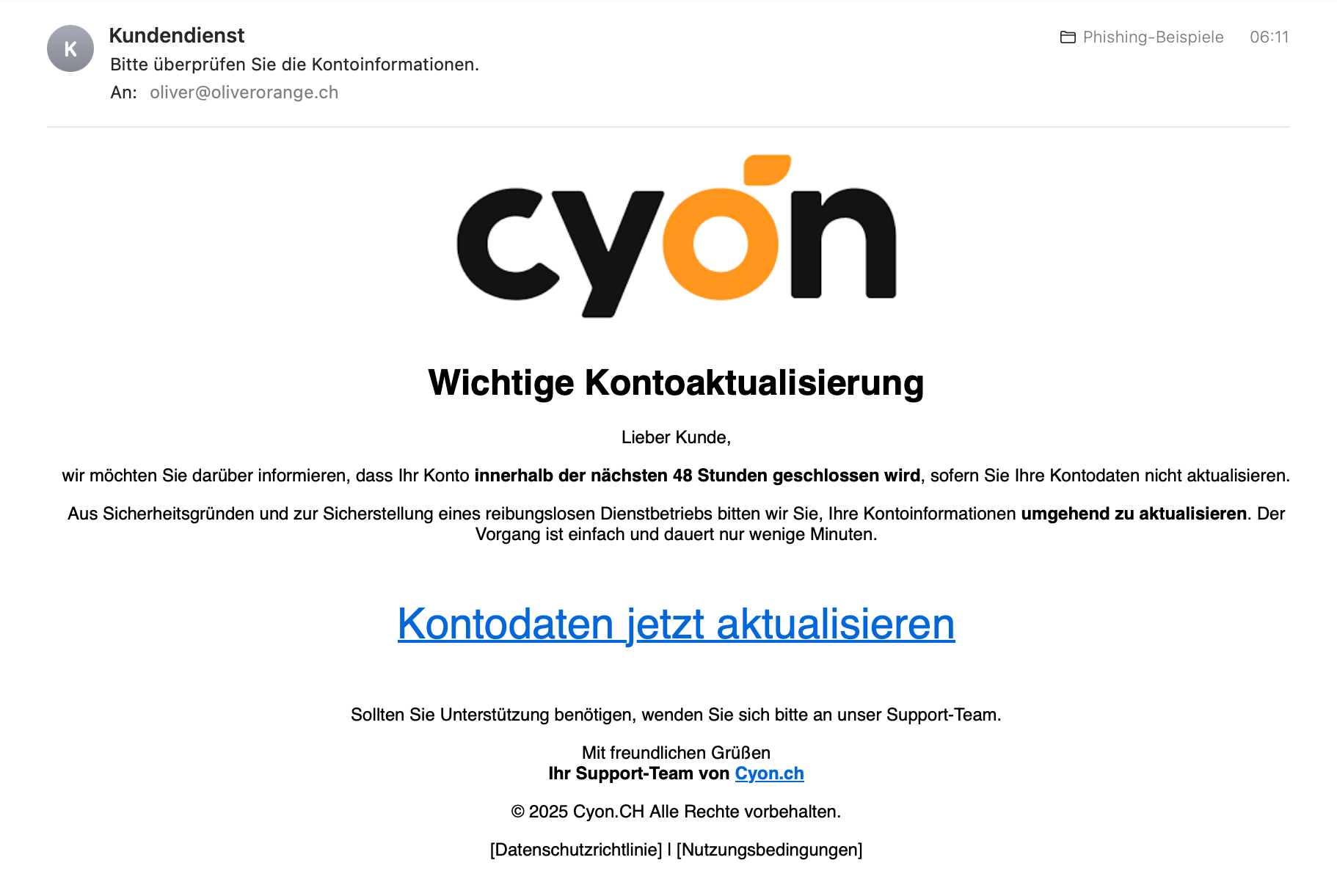 Beispiel der oben beschriebenen Phishing-E-Mail