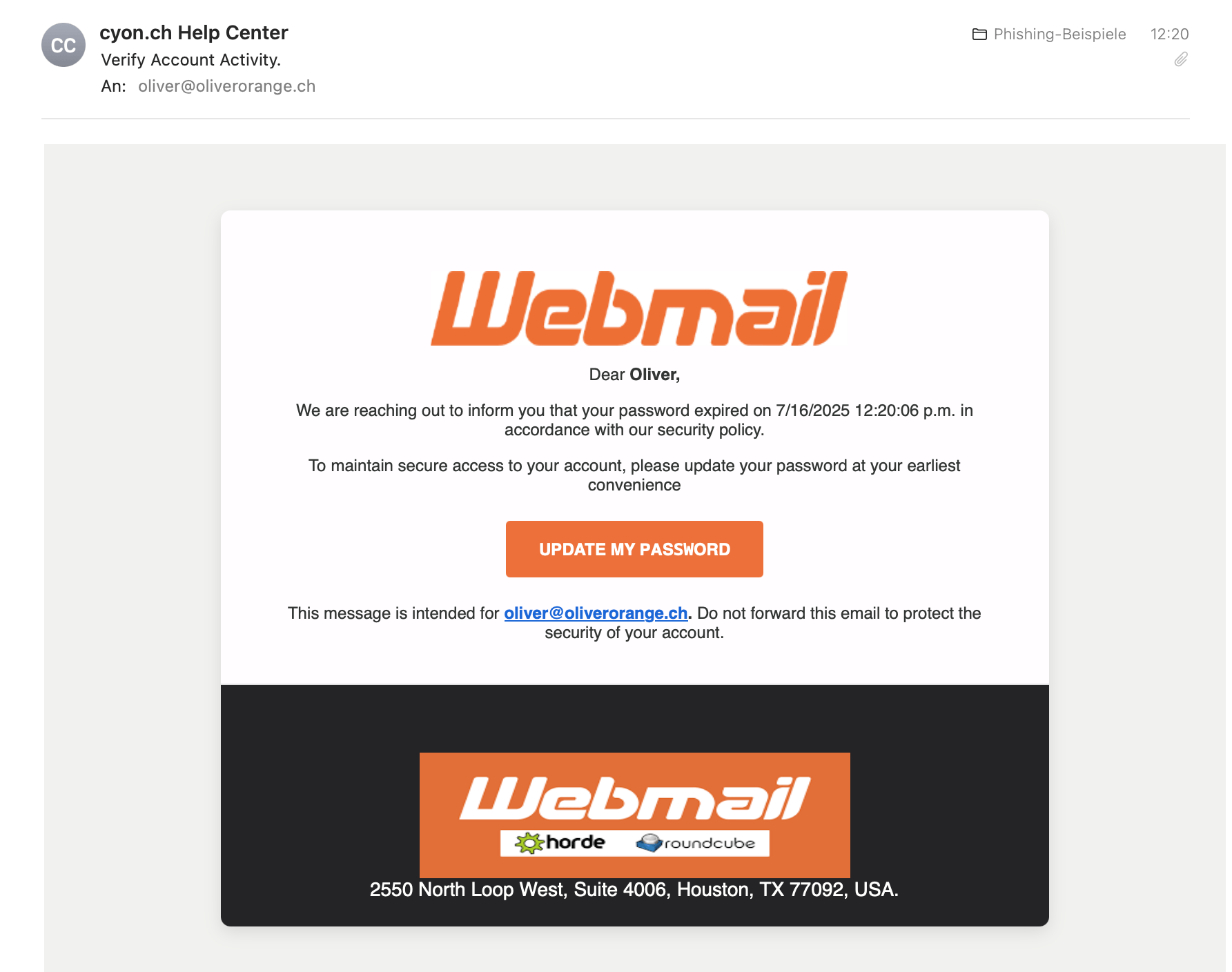 Beispiel der oben beschriebenen Phishing-E-Mail