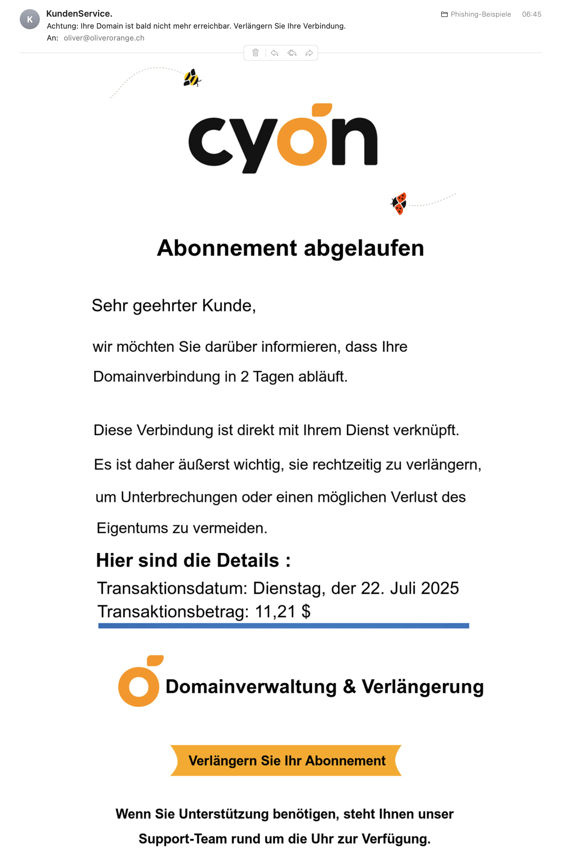 Beispiel der oben beschriebenen Phishing-E-Mail