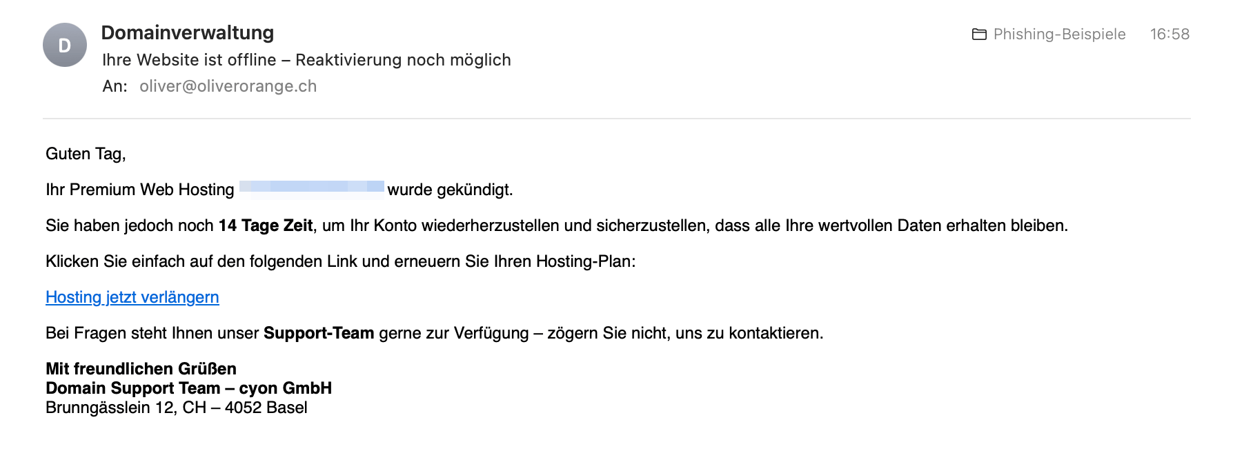 Beispiel der oben beschriebenen Phishing-E-Mail