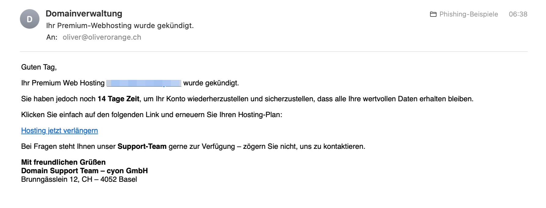 Beispiel der oben beschriebenen Phishing-E-Mail