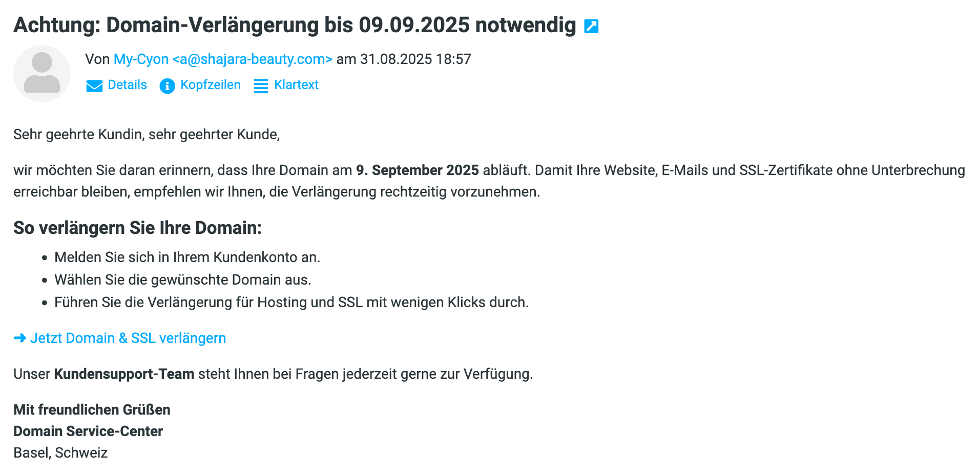 Beispiel der oben beschriebenen Phishing-E-Mail