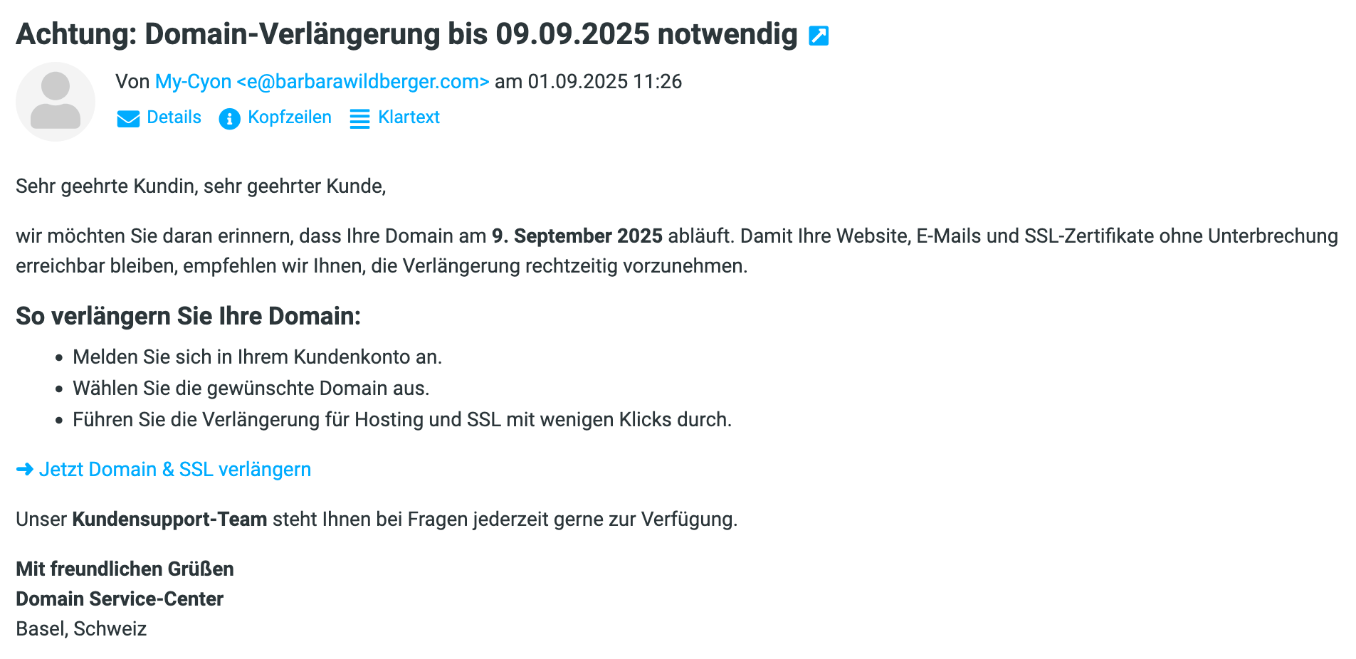 Beispiel der oben beschriebenen Phishing-E-Mail
