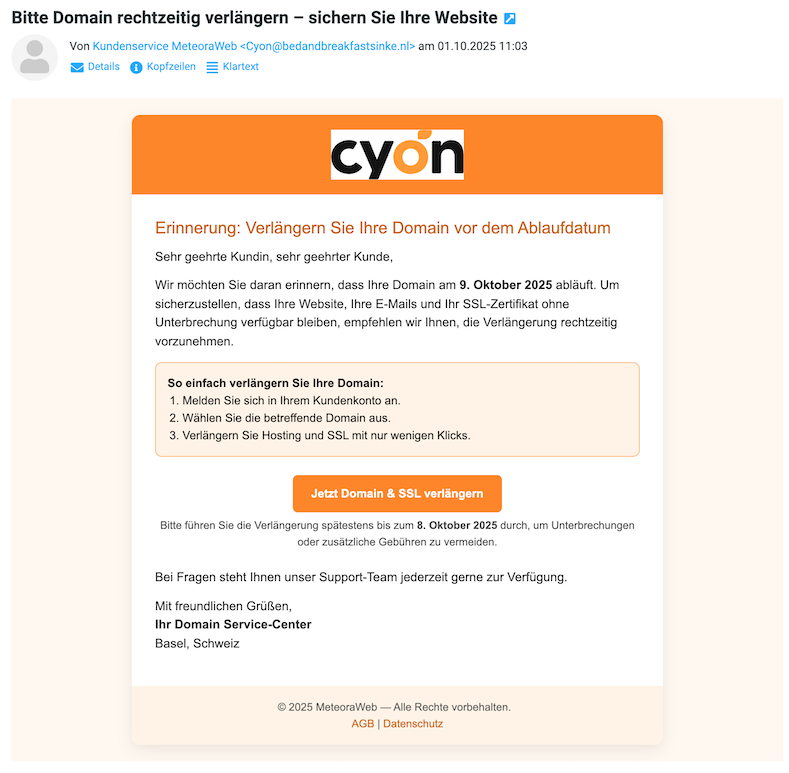 Beispiel der oben beschriebenen Phishing-E-Mail