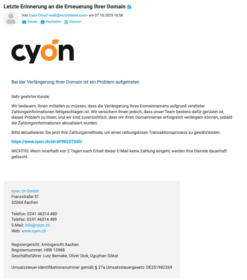Beispiel der oben beschriebenen Phishing-E-Mail