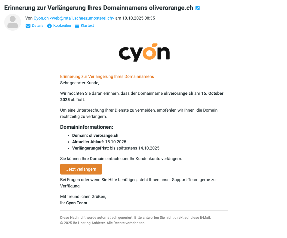 Beispiel der oben beschriebenen Phishing-E-Mail