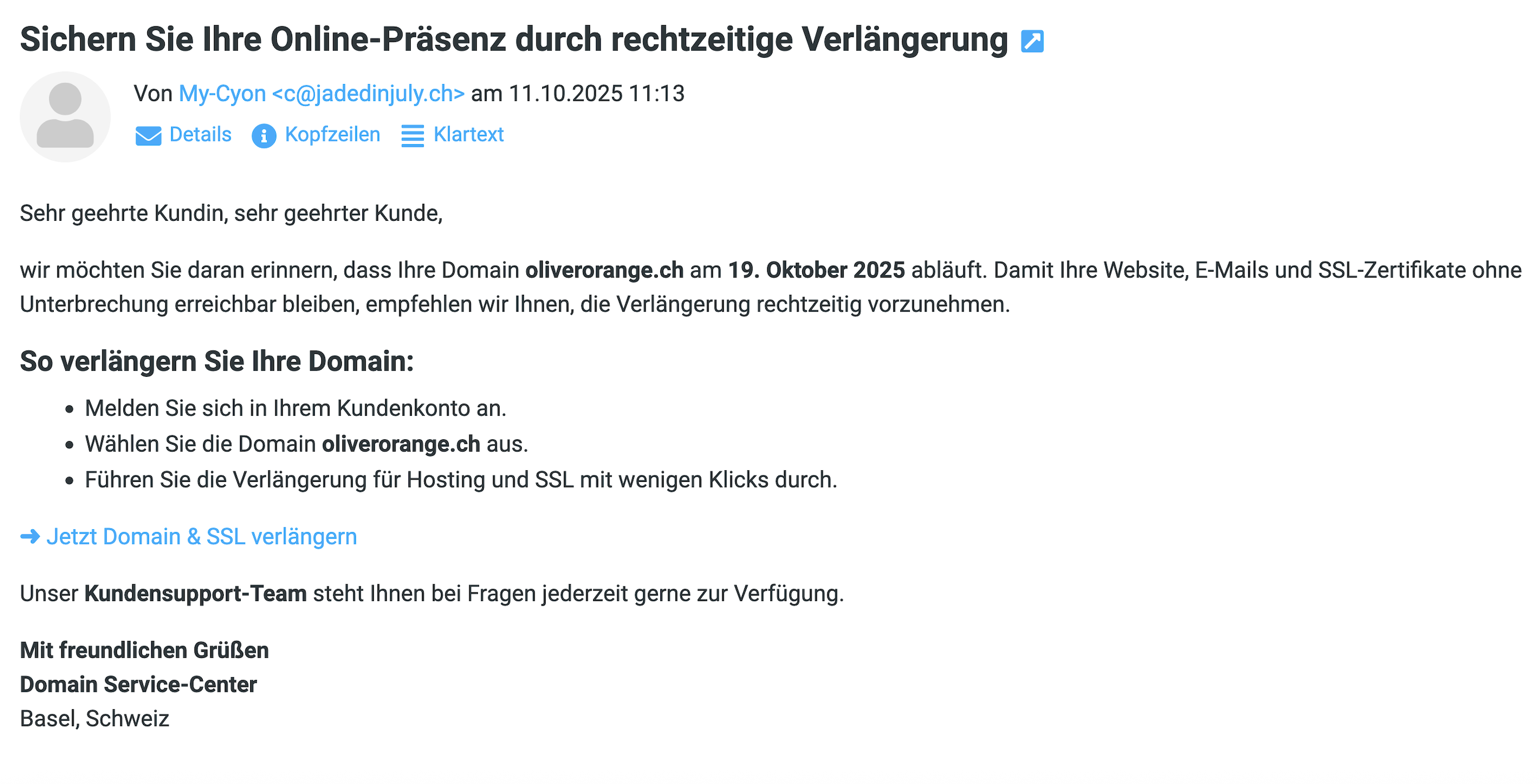 Beispiel der oben beschriebenen Phishing-E-Mail