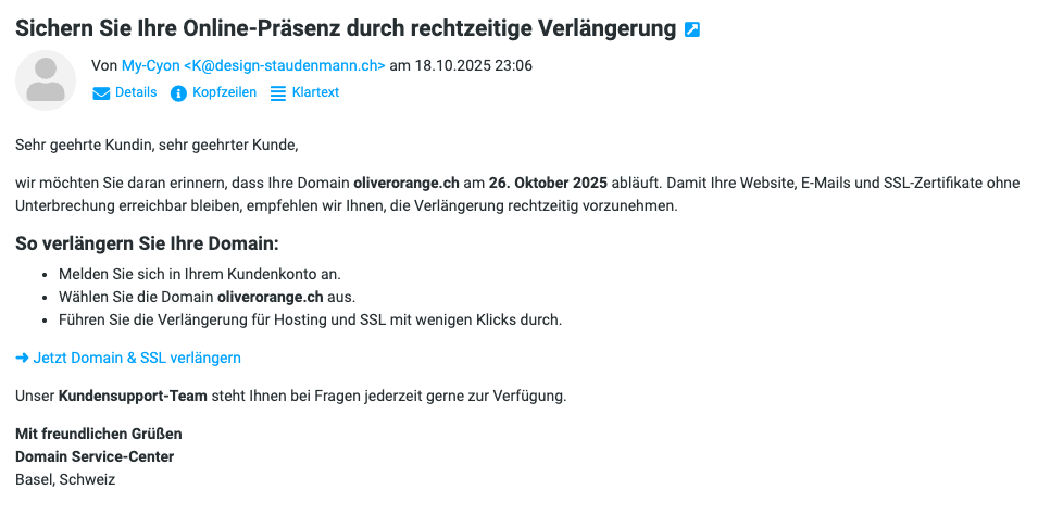 Beispiel der oben beschriebenen Phishing-E-Mail