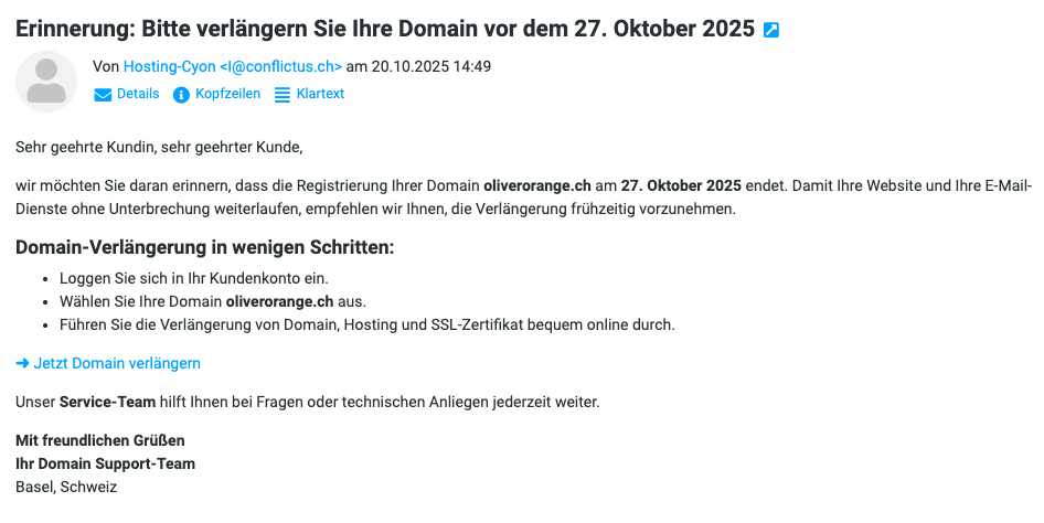 Beispiel der oben beschriebenen Phishing-E-Mail
