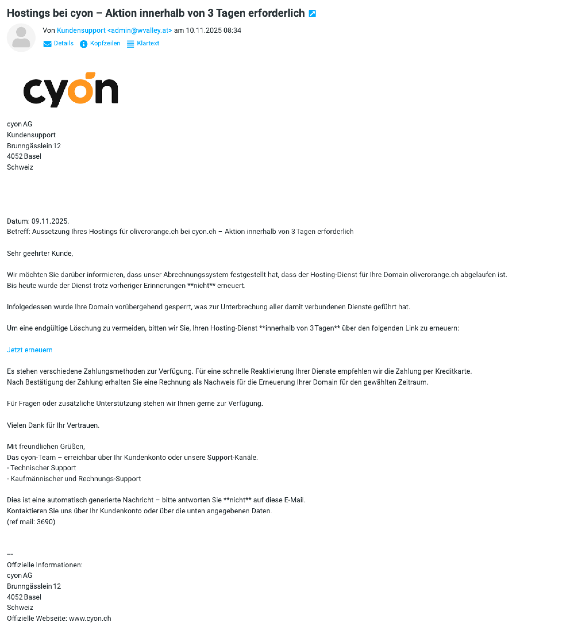 Beispiel der oben beschriebenen Phishing-E-Mail