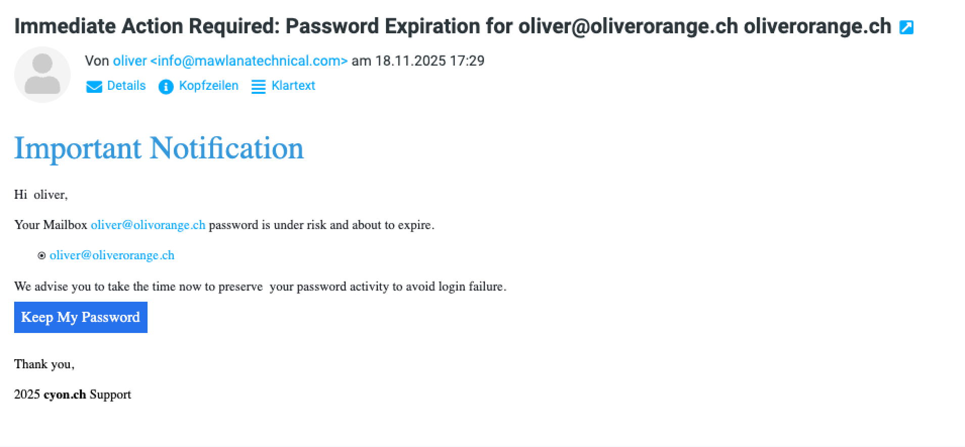 Beispiel der oben beschriebenen Phishing-E-Mail