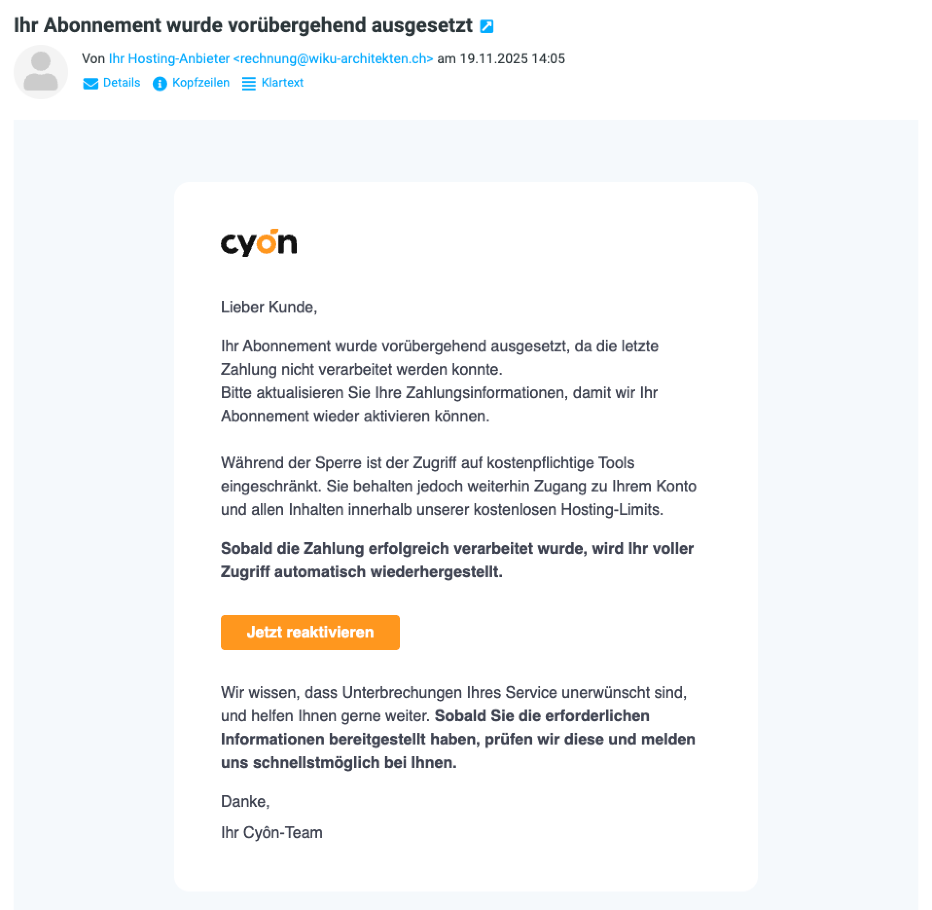 Beispiel der oben beschriebenen Phishing-E-Mail