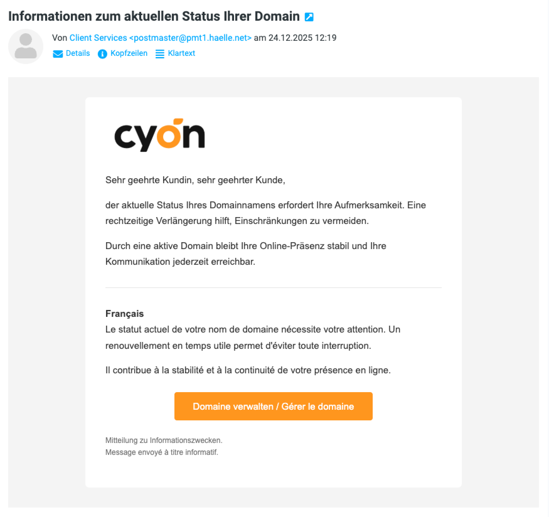Beispiel der oben beschriebenen Phishing-E-Mail
