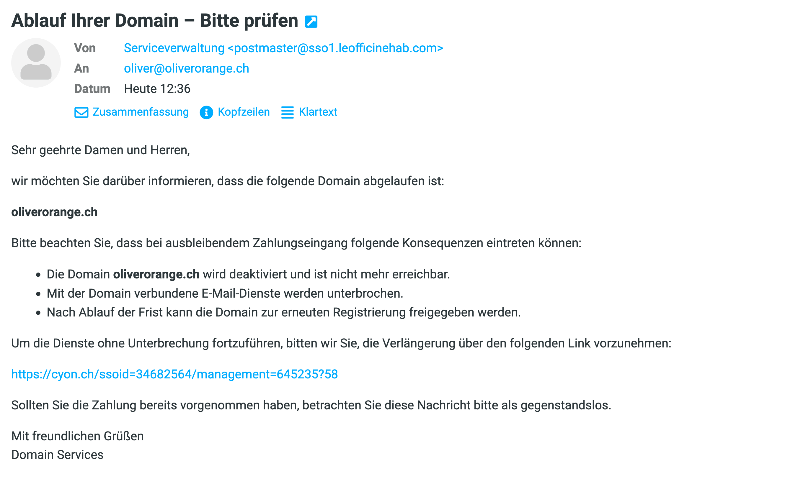 Beispiel der oben beschriebenen Phishing-E-Mail