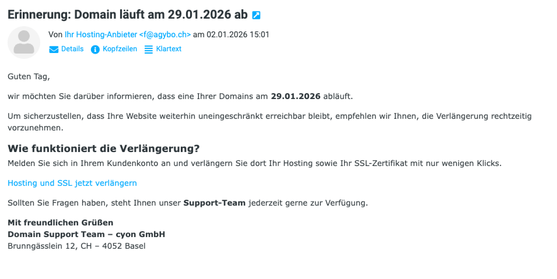 Beispiel der oben beschriebenen Phishing-E-Mail
