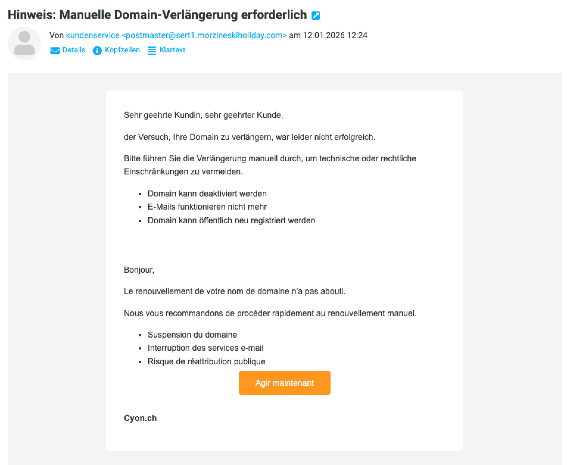 Beispiel der oben beschriebenen Phishing-E-Mail