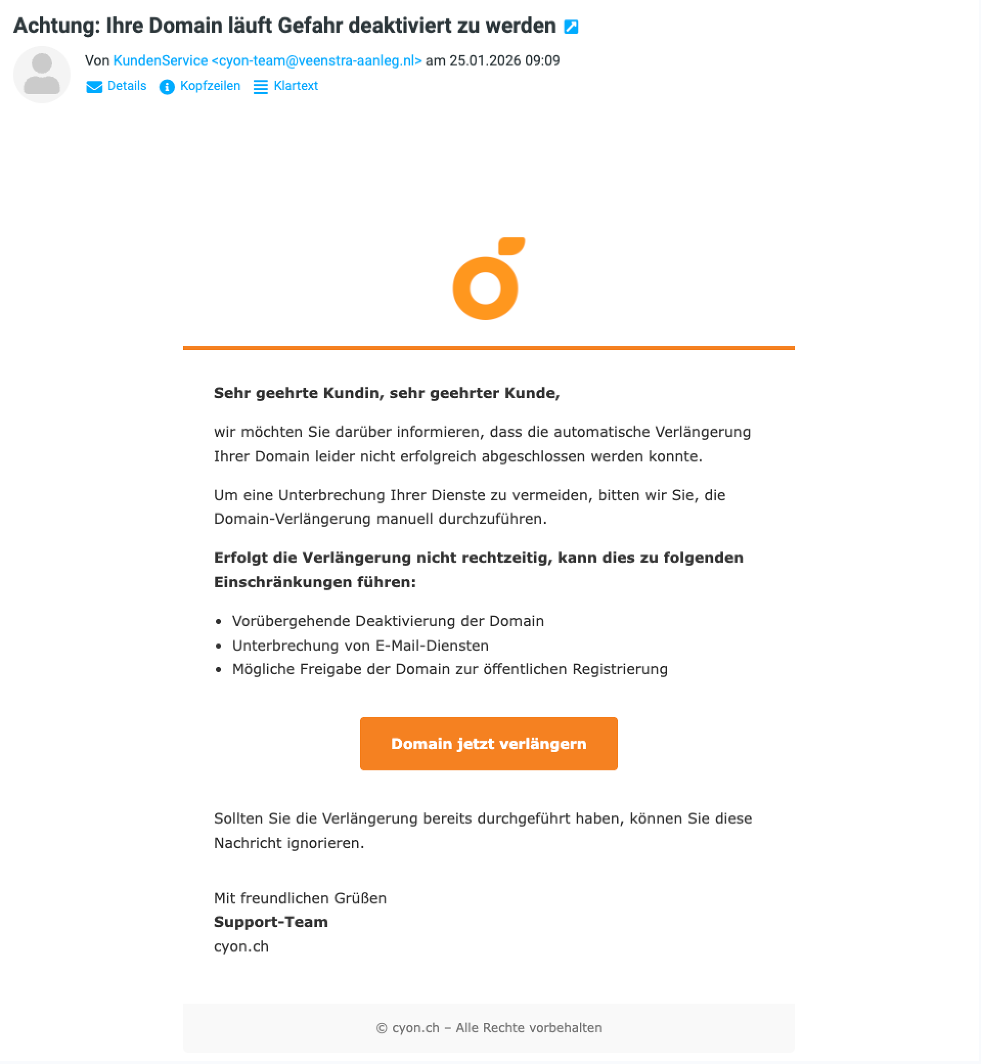 Beispiel der oben beschriebenen Phishing-E-Mail